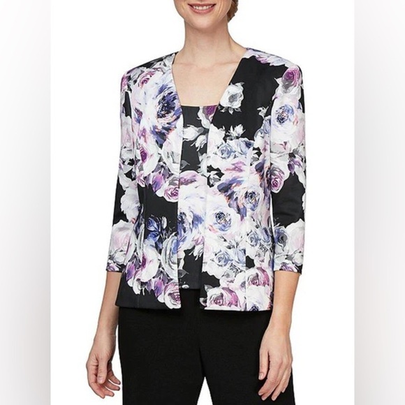 Alex Evenings Plus Size 3/4 Sleeve Purple Black Floral Tank & Jacket Set Size XL - Picture 2 of 14